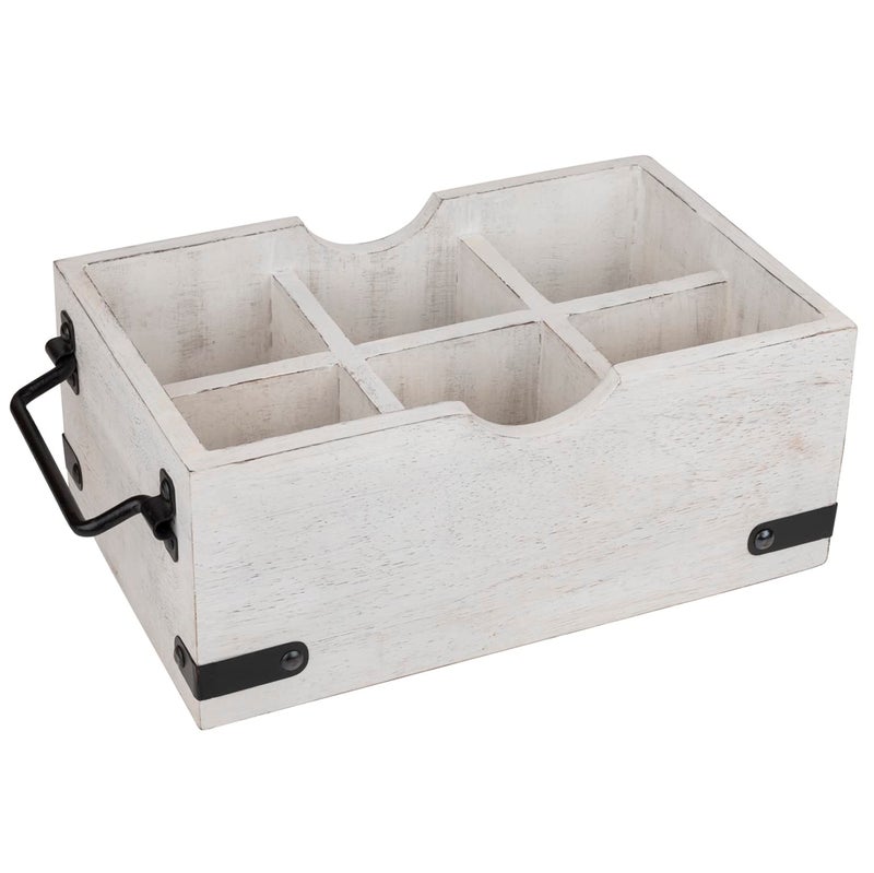 GoCraft 6 Compartment Flatware Caddy, Multipurpose Organiser for Kitchen Cutlery, Dining Silverware Condiments, Arts, Makeup Brushes, White Washed Mango Wood Caddy with Metal Handles - Image 1